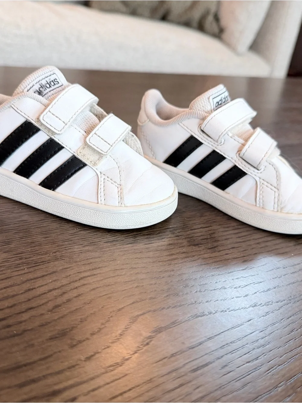 6K Adidas White and Black Kids Velcro Sneakers
